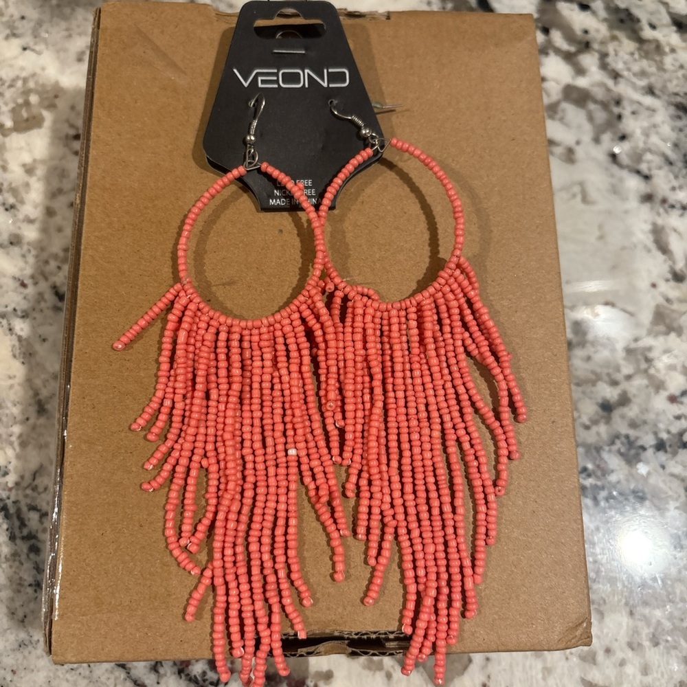 Coral Beaded Fringe Earrings